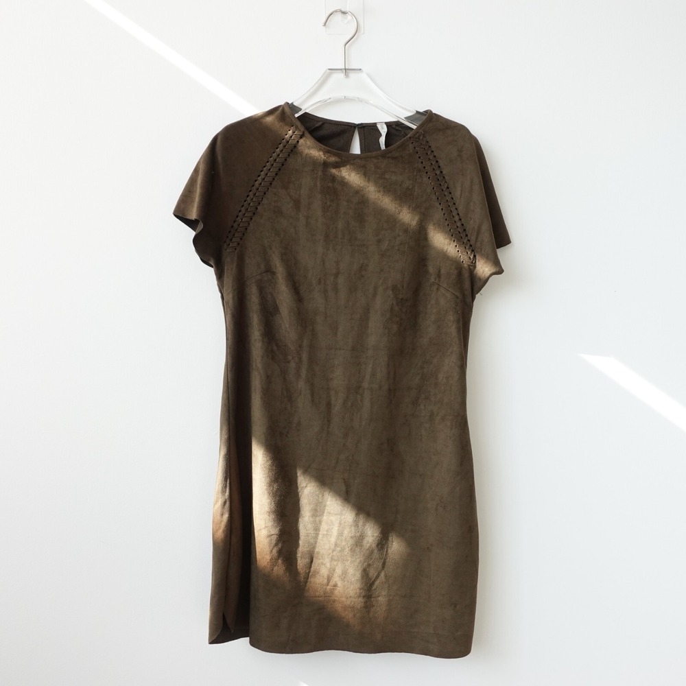 Goblincore Shift Dress Womens M Brown Earthy Faux Suede Tunic T Shirt AQUAMAR